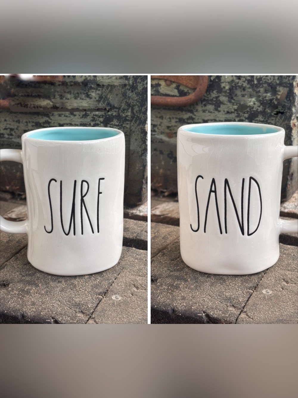 Rae Dunn Double Sided “SAND” “SAND” Mug with Light Blue Interior